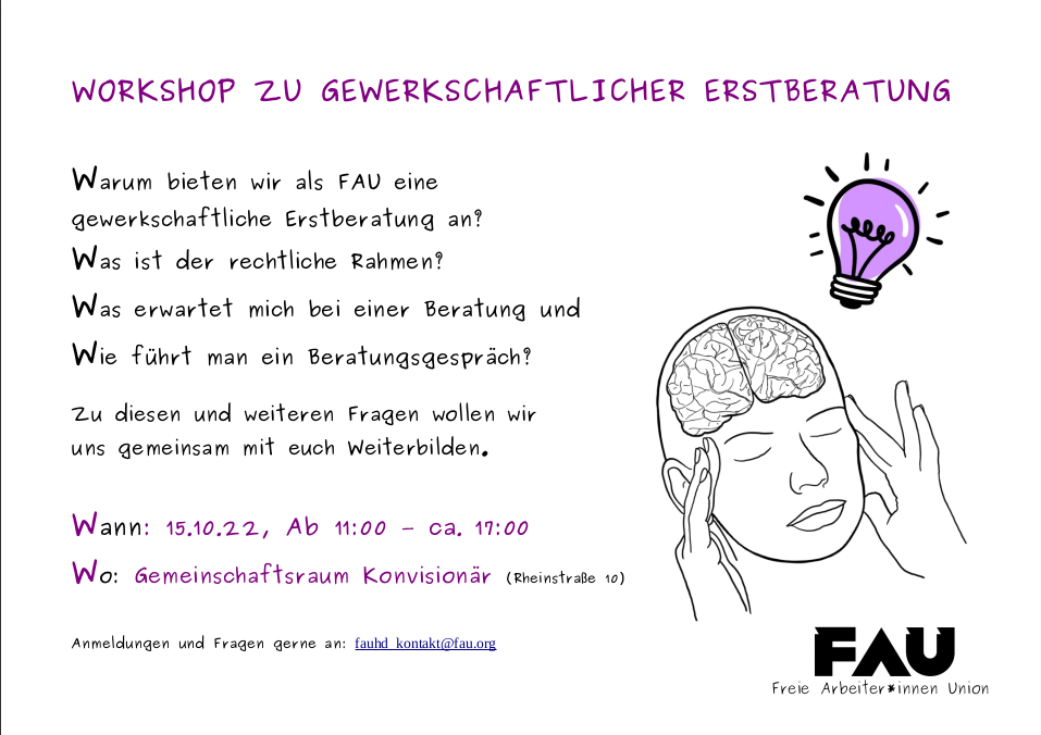 Einladung zum Workshop zur gewerkschaftlichen Erstberatung Küfa am 15. Oktober 2022 in der Rheinstraße 8 in Heidelberg.