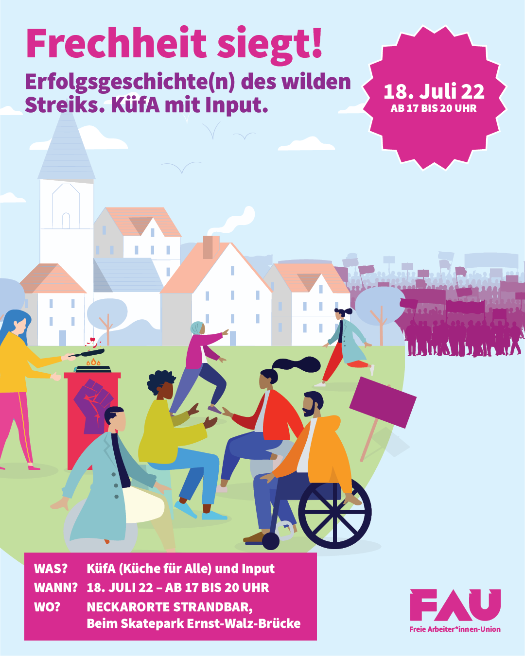 Einladung zur Küfa am 18. Juli 2022, 17 bis 20 Uhr beim Skatepark an der Enrst-Walz-Brücke in Heidelberg.