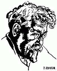 schwarz-weiss Zeichnung von Rudolf Rocker mit lockigen Haaren, spitzen Bart und Brille